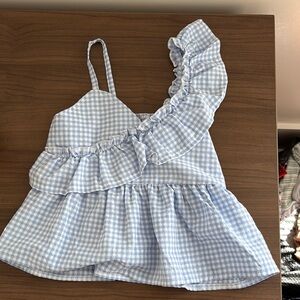 Blue Gingham Ruffle Top